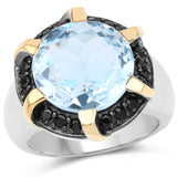 11.17 Carat Genuine Blue Topaz and Black Spinel .925 Sterling Silver Ring