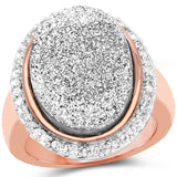 14K Rose Gold Plated 9.09 Carat Genuine Drusy & White Topaz .925 Sterling Silver Ring