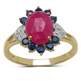 14K Yellow Gold Plate 1.47 Carat Genuine Pink Sapphire Blue Sapphire & White Topaz .925 Silver Ring