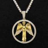Round Shape Iced Angel Wing Pendant with14K Gold Plated 