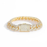 S925 Moissanite Diamond Prong Cuban Link Bracelet in 14K Gold - 12mm Bracelets 