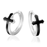 S925 Silver Black Cross Hoop Earrings in White Gold - 15mm by Bling Proud | Urban Jewelry Online Store