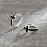 S925 Silver Black Cross Hoop Earrings in White Gold - 15mm Earrings 