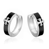 S925 Silver Black Enamel Cross Hoop Earrings in White Gold - 15mm Earrings 