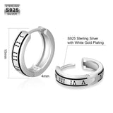 S925 Silver Black Roman Numerals Hoop Earrings in White Gold - 15mm Earrings 