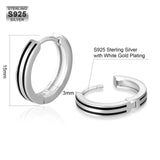S925 Silver Black Stripe Hoop Earrings in White Gold - 15mm Earrings 