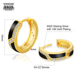 S925 Silver Iced Black Hoop Earrings in 14K Gold - 15mm Earrings 