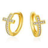 S925 Silver Iced Diamond Cross Hoop Earrings in 14K Gold - 15mm by Bling Proud | Urban Jewelry Online Store