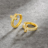 S925 Silver Iced Diamond Cross Hoop Earrings in 14K Gold - 15mm Earrings 