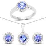3.77 ct. Genuine Tanzanite & White Topaz .925 Silver 3 Pc Jewelry Set (Ring Earring Pendant Chain)