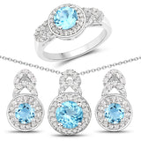 3.24 Carat Genuine Swiss Blue White Topaz .925 Silver 3 Pc Jewelry Set Ring Earring & Pendant Chain