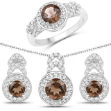2.56 Carat Genuine Smoky Quartz White Topaz .925 Silver 3 Pc Jewelry Set Ring Earring Pendant Chain