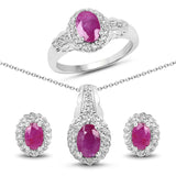 2.82 Carat Genuine Ruby & White Topaz .925 Silver 3 Piece Jewelry Set (Ring Earring & Pendant Chain)