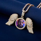 THE WINGS® - Custom Round Photo Pendant With Big Angel Wings 