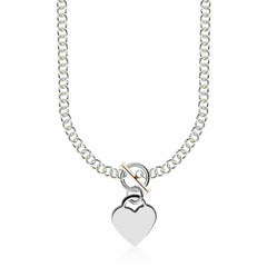 Sterling Silver Rhodium Plated Rolo Chain Necklace with a Heart Toggle Charm