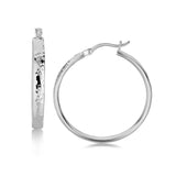 Sterling Silver Hammered Style Hoop Earrings with Rhodium Plating (30mm)