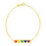 RCJ - 14k Yellow Gold 7 inch Bar Bracelet with Rainbow Enamel Hearts - Gold