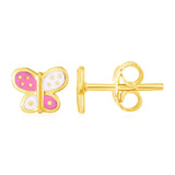 RCJ - 14k Yellow Gold and Enamel Pink and White Butterfly Stud Earrings - One Size - Bright Pink
